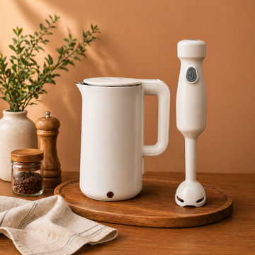 Electric appliances set featuring kettle and hand blender with mixer grinder, toast maker and sandwich maker essentials in a clean, modern kitchen setup, ideal for daily home use.
