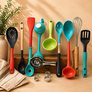 Kitchen utilities set with cooking tools including spatula, ladle, whisk and serving spoons arranged in a clean, modern kitchen setup, ideal for everyday cooking.