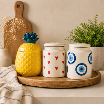 Premium ceramic containers and jars set with decorative kitchen storage jars arranged on a wooden tray in a clean, aesthetic setup, perfect for kitchen organization and gifting.