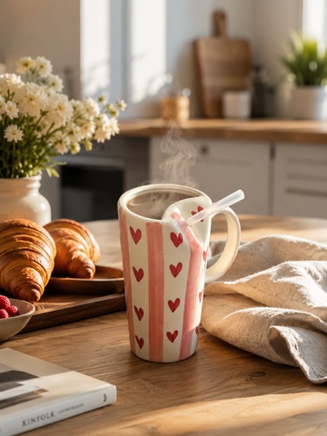 Handcrafted Ceramic Tumbler with Lid & Straw – Red Heart Pattern (300ml)
