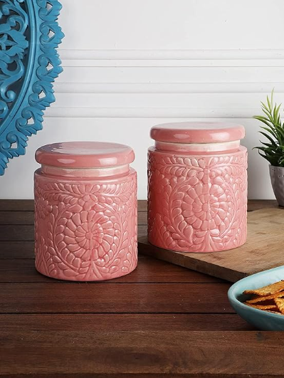Handmade Floral Embossed Achaar Martban Ceramic Pickle Jar Set