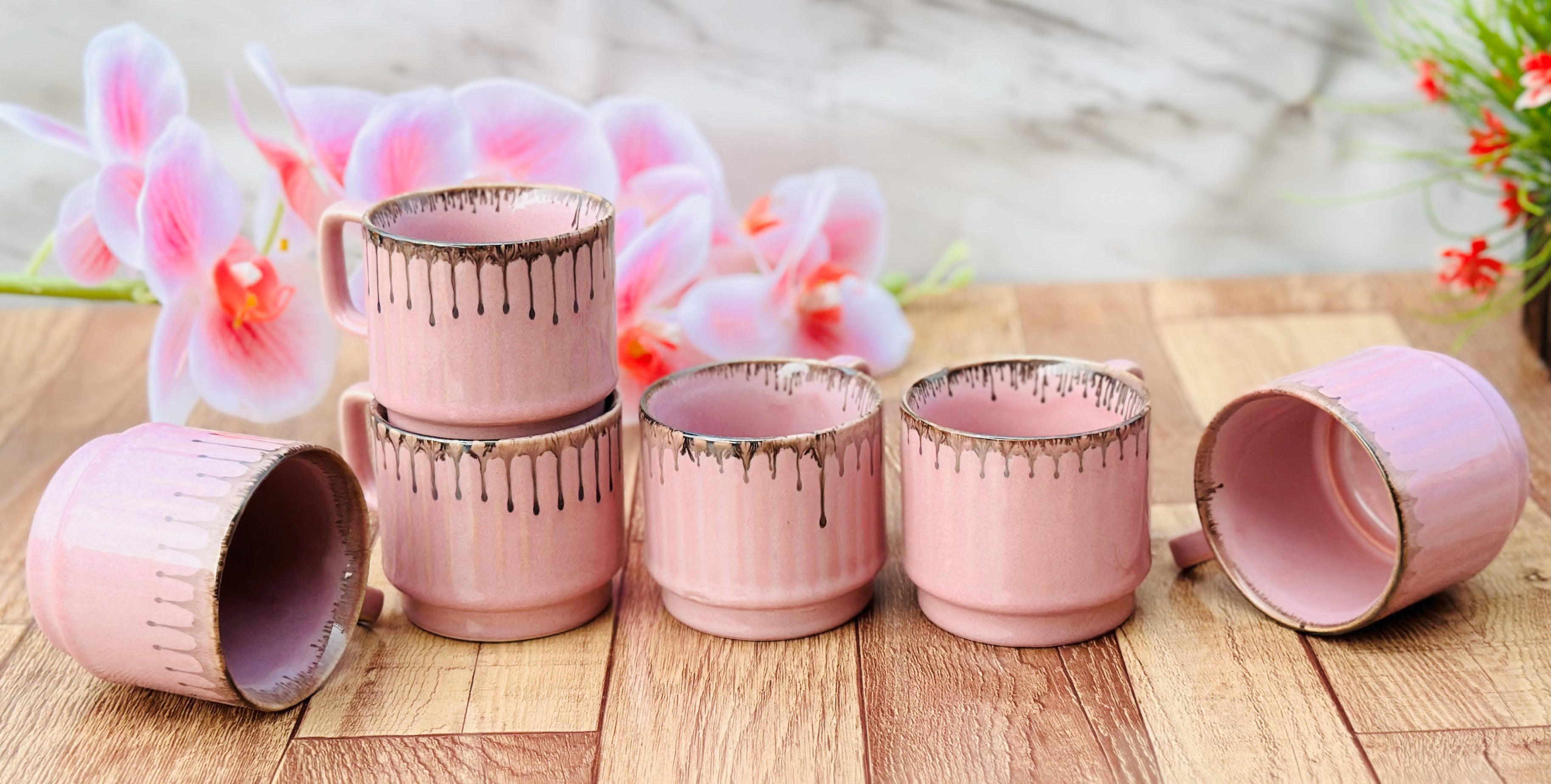 Pink Ceramic Coffee Mug Set 6 Piece 150ml Tea Cups