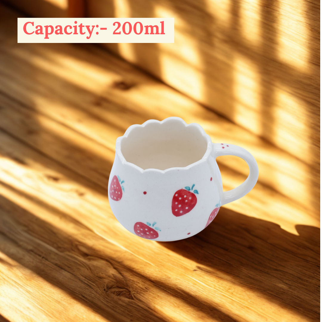Strawberry Ceramic Coffee Mug 200ml Cute Scalloped Tea Cup