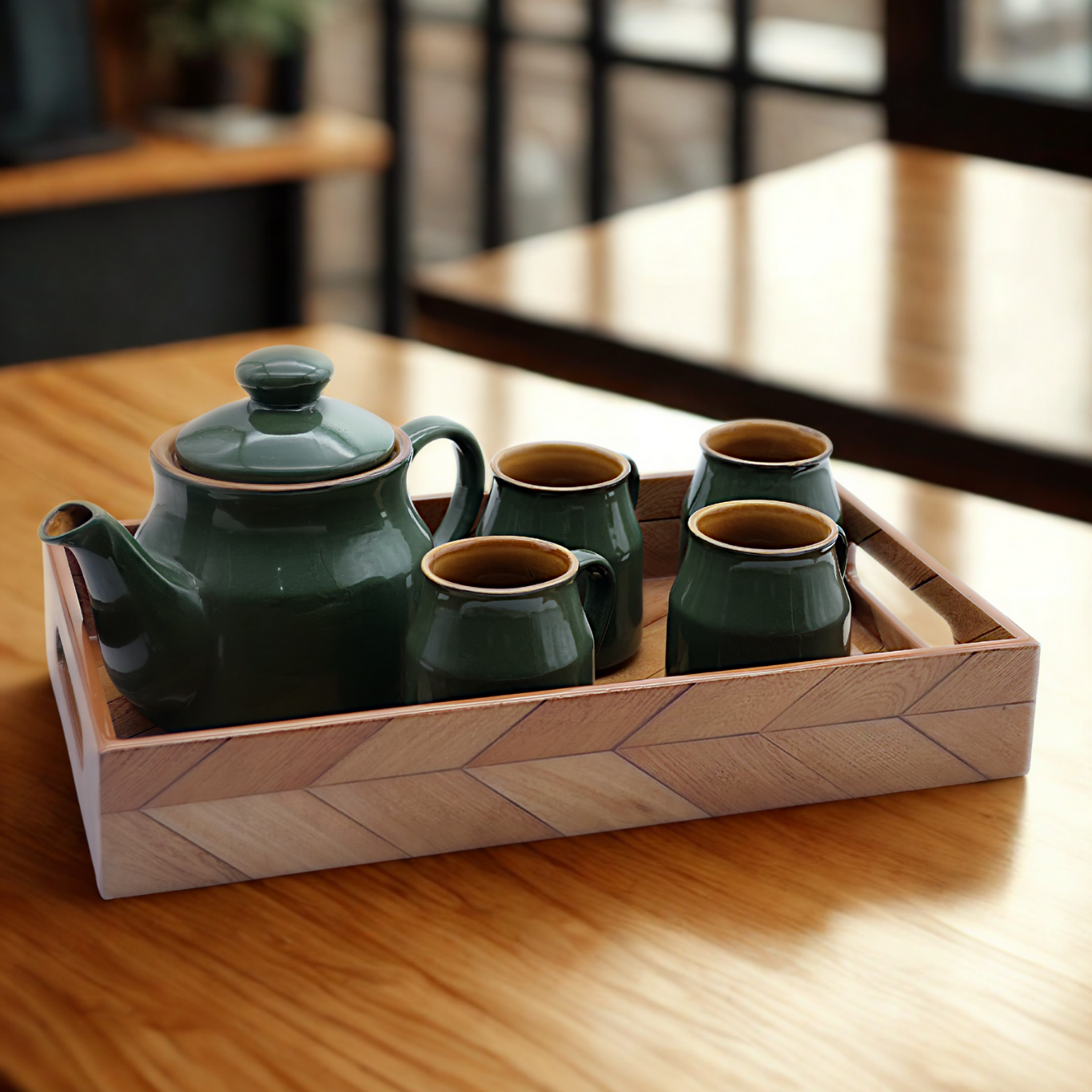 Premium Ceramic Tea Set with Tray – Teapot & 4 Cups | Elegant Tea Serving Set