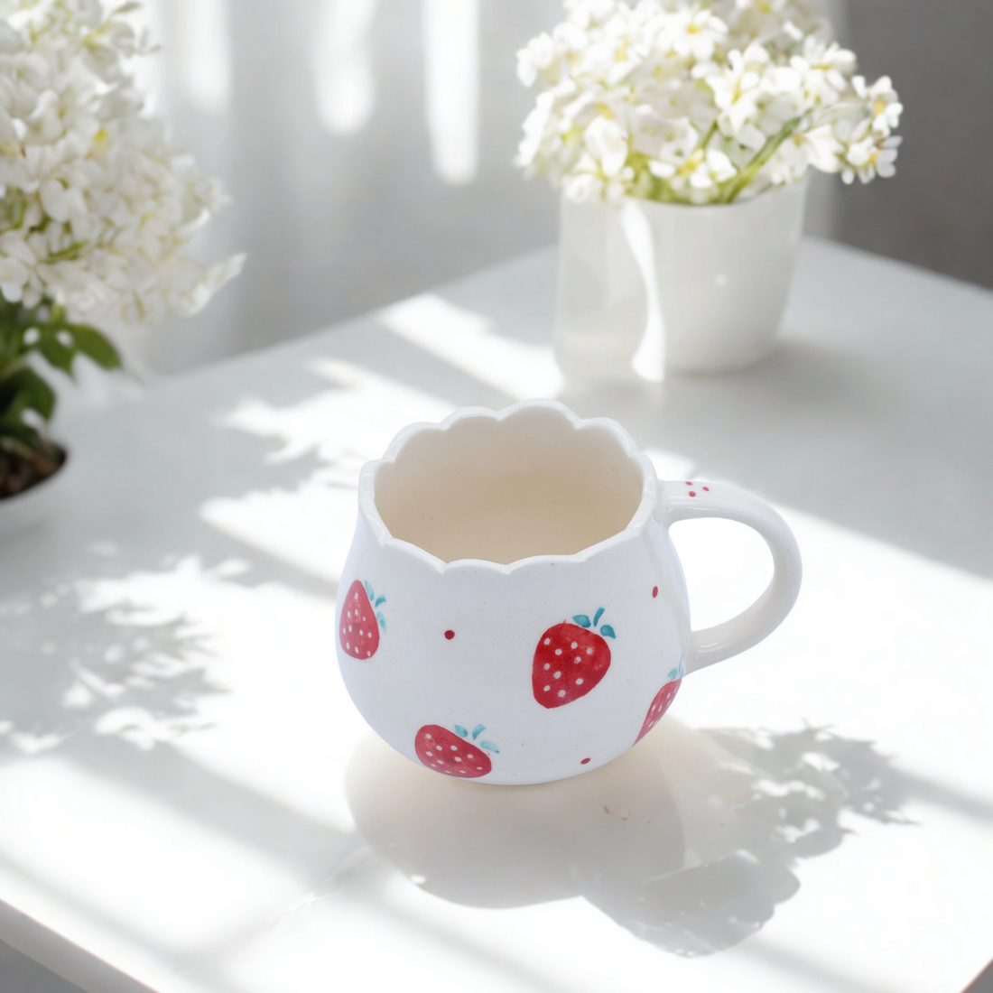 Strawberry Ceramic Coffee Mug 200ml Cute Scalloped Tea Cup