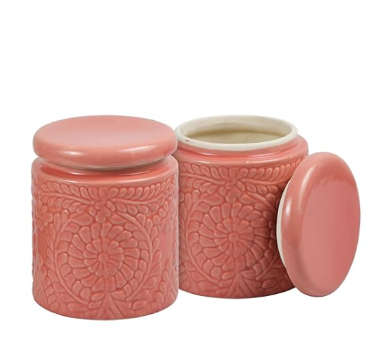 Handmade Floral Embossed Achaar Martban Ceramic Pickle Jar Set