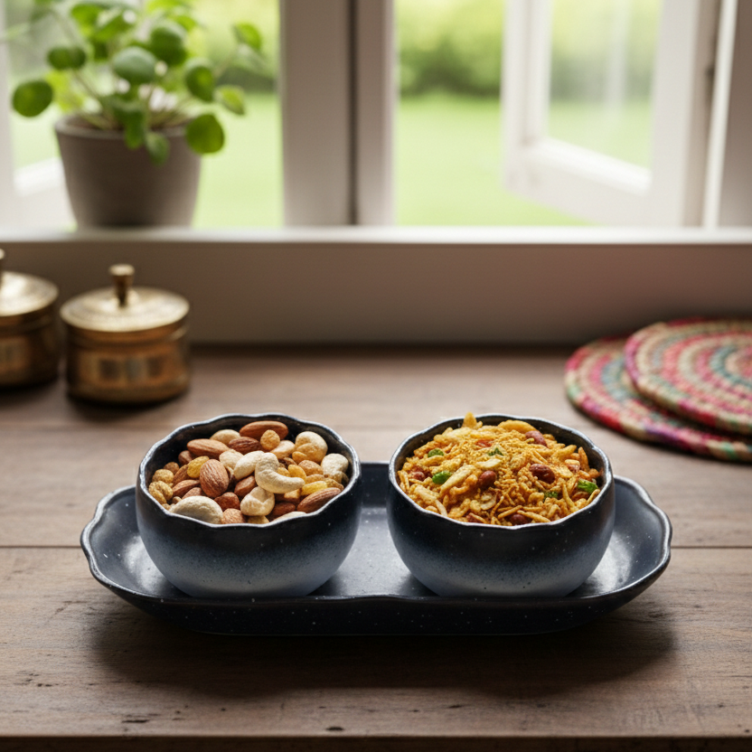 Ceramic Snack Bowl Set with Tray – 2 Bowls (350ml Each)