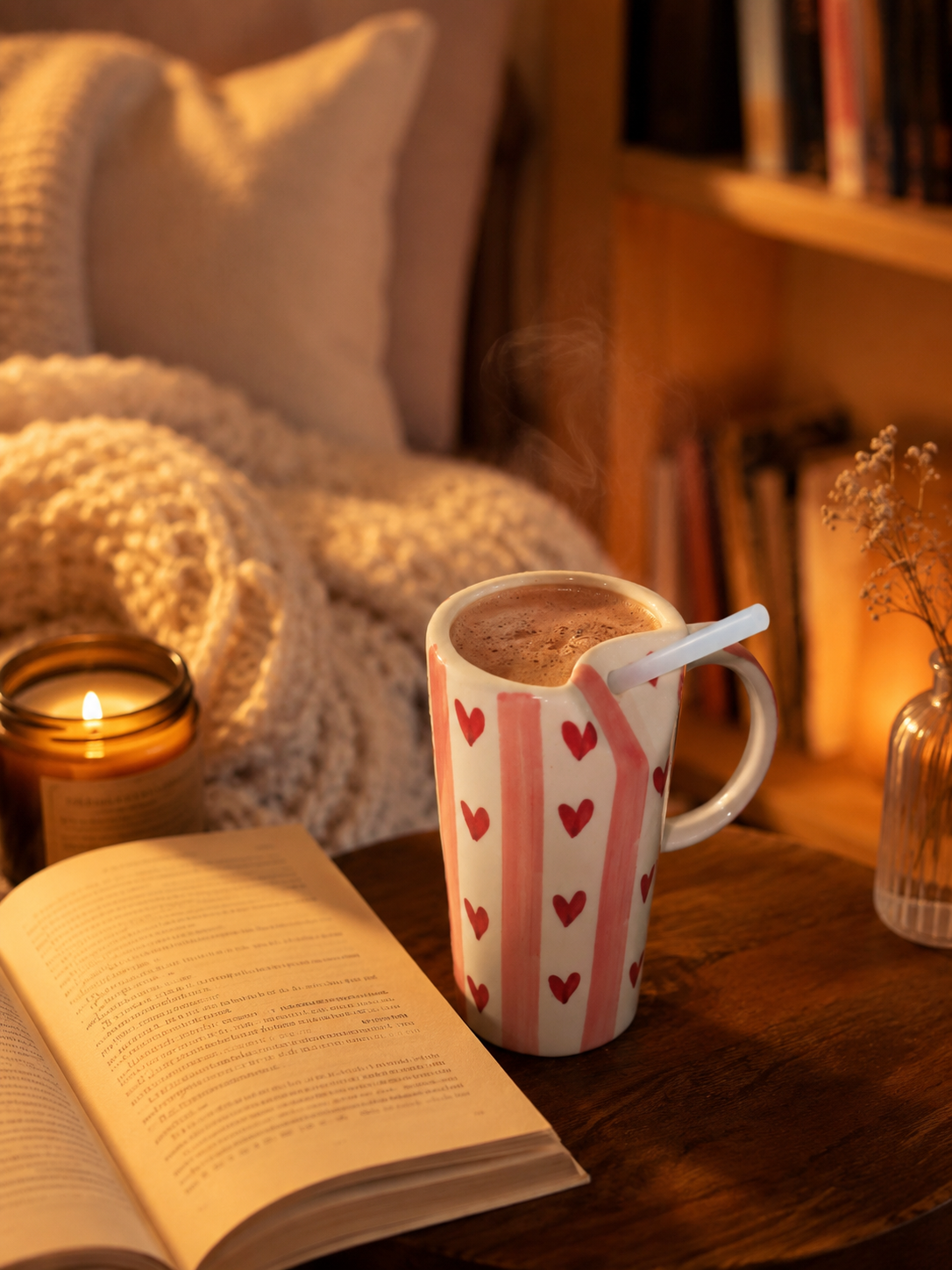 Handcrafted Ceramic Tumbler with Lid & Straw – Red Heart Pattern (300ml)