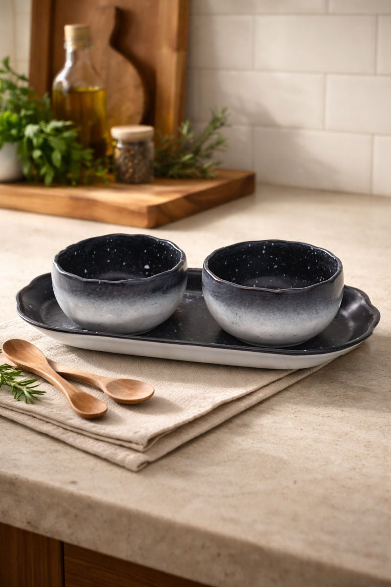 Ceramic Snack Bowl Set with Tray – 2 Bowls (350ml Each)