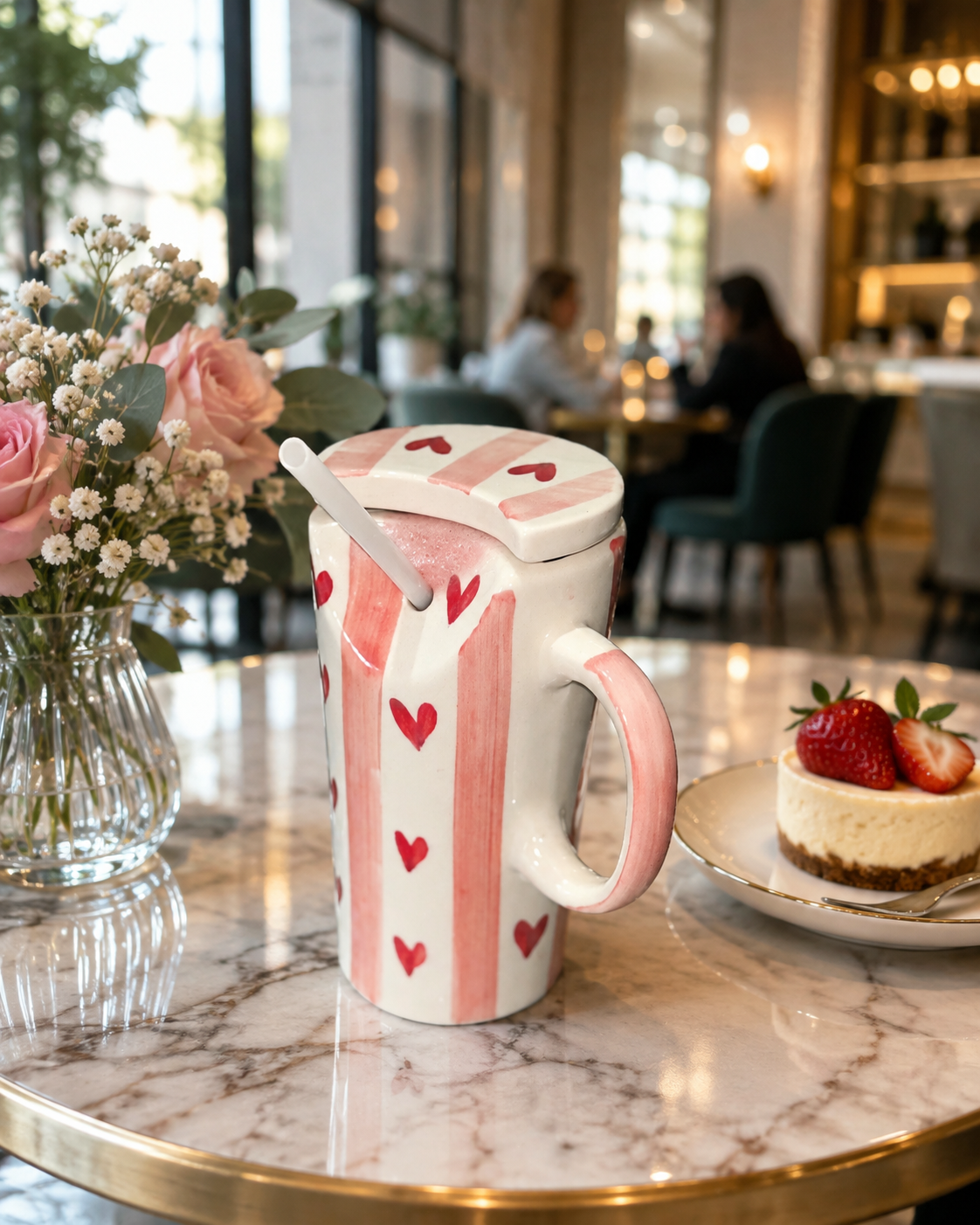 Handcrafted Ceramic Tumbler with Lid & Straw – Red Heart Pattern (300ml)