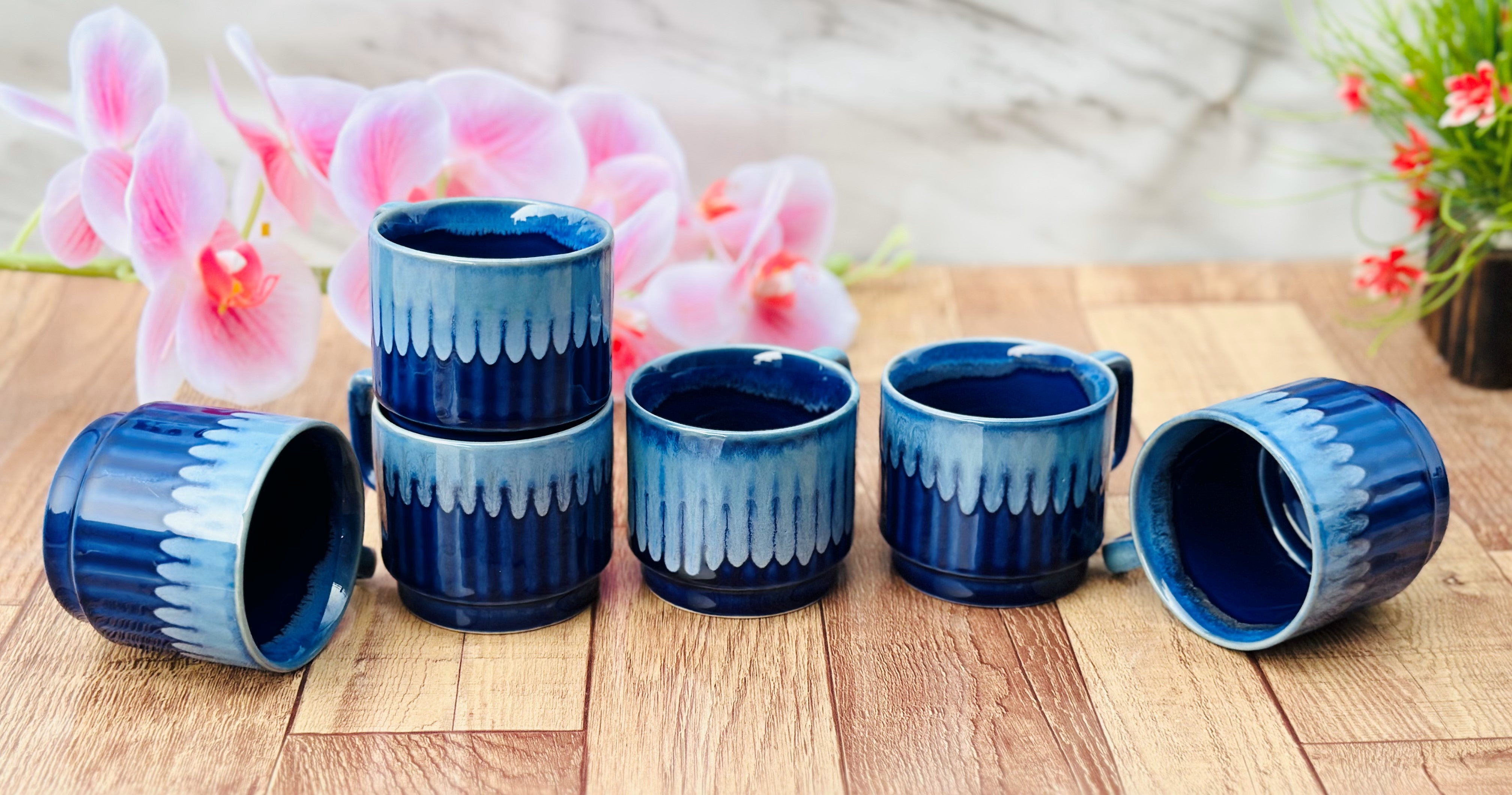Blue Ceramic Coffee Mug Set 6 Piece 150ml Tea Cups