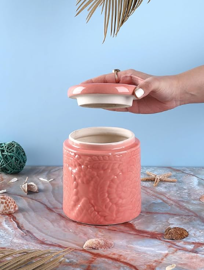 Handmade Floral Embossed Achaar Martban Ceramic Pickle Jar Set