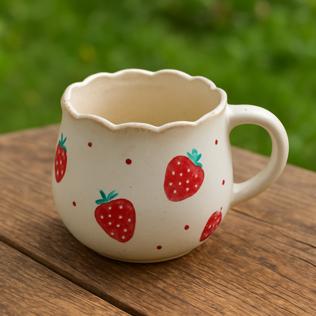 Strawberry Ceramic Coffee Mug 200ml Cute Scalloped Tea Cup