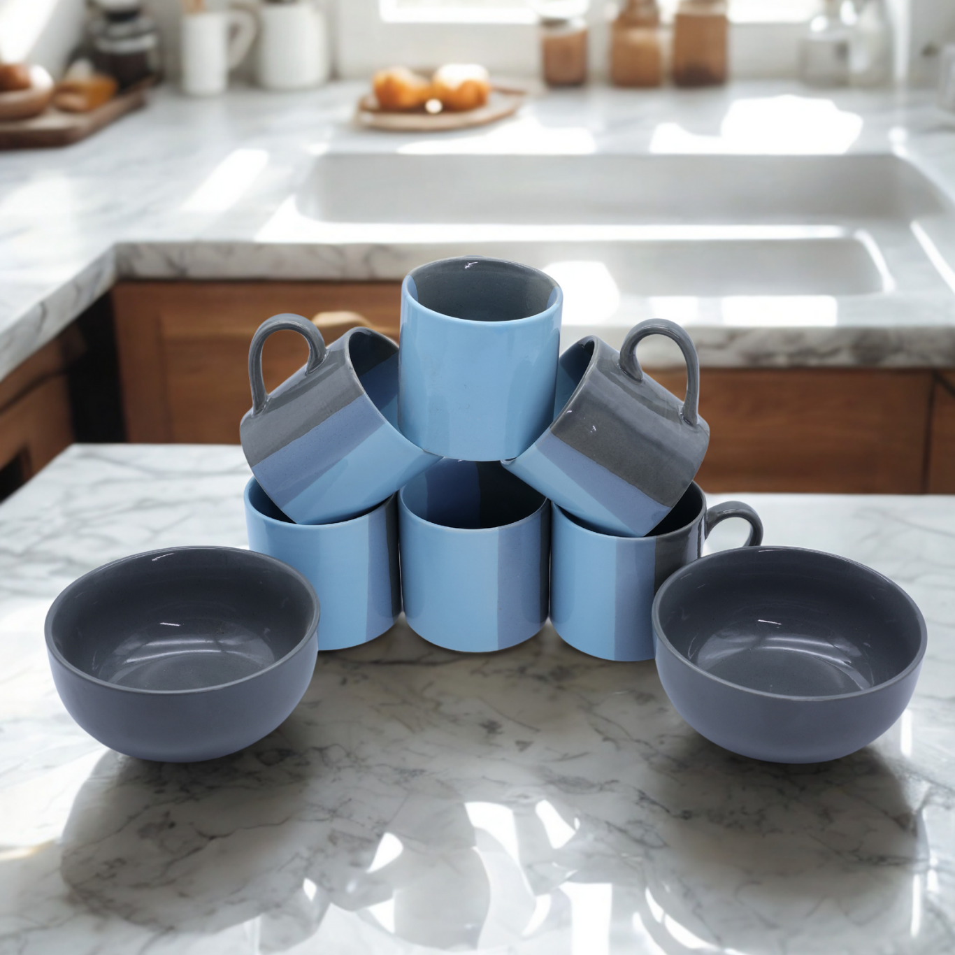 Premium Ceramic Mug & Bowl Set – 6 Coffee Cups & 2 Bowls | Modern Kitchen Serveware Set