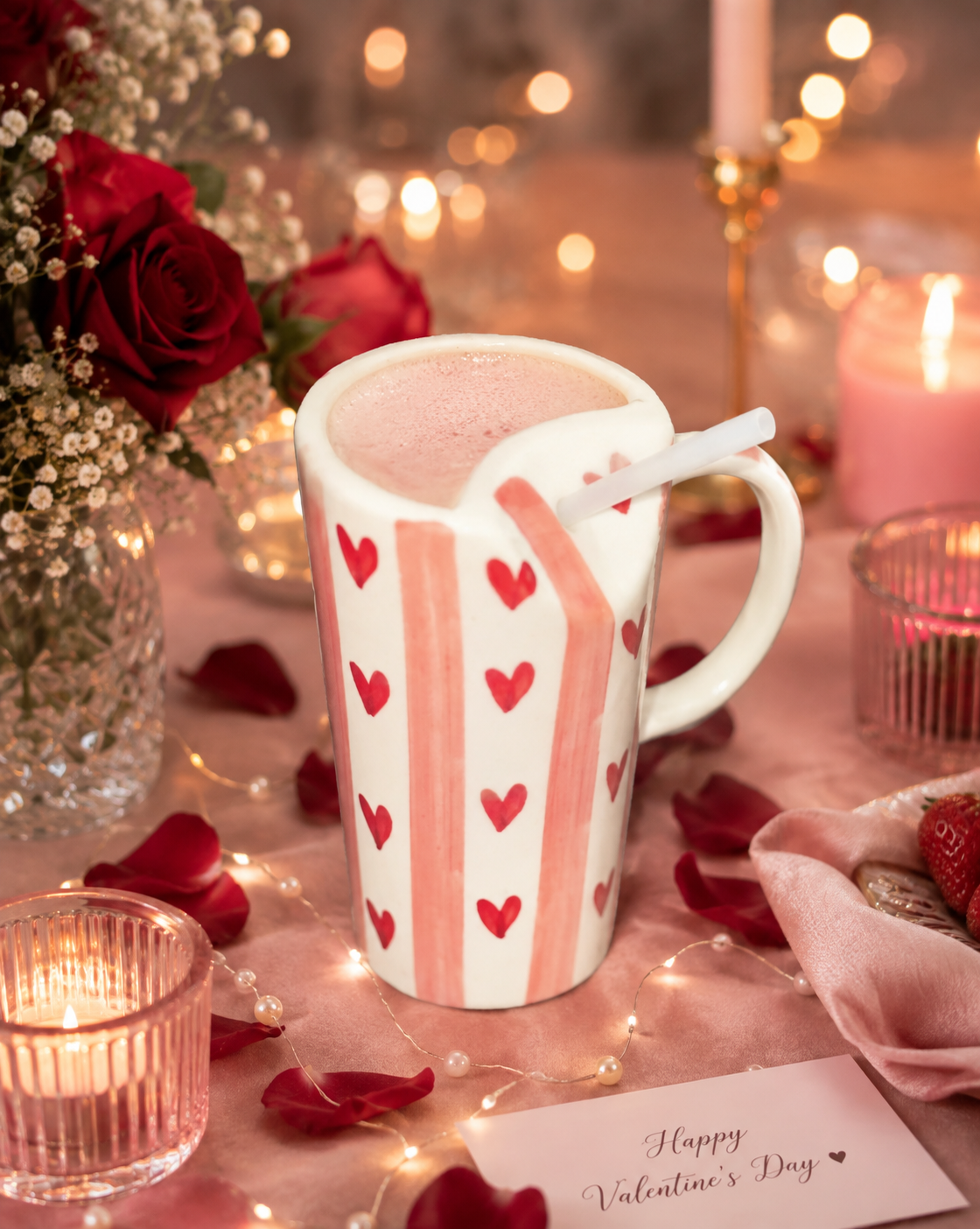 Handcrafted Ceramic Tumbler with Lid & Straw – Red Heart Pattern (300ml)