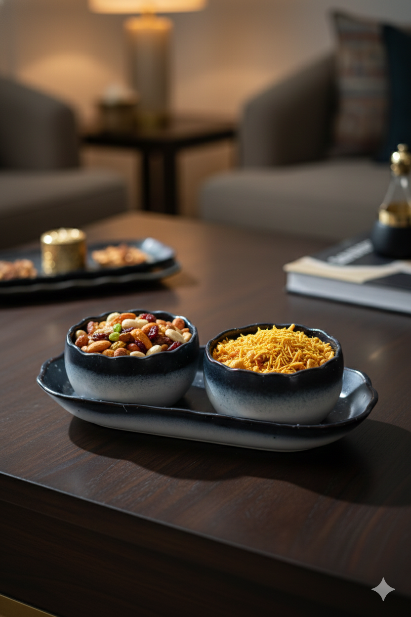 Ceramic Snack Bowl Set with Tray – 2 Bowls (350ml Each)