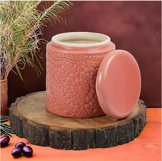 Handmade Floral Embossed Achaar Martban Ceramic Pickle Jar Set