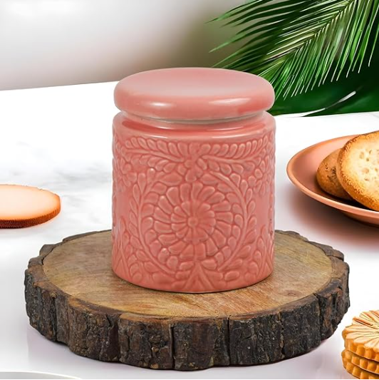 Handmade Floral Embossed Achaar Martban Ceramic Pickle Jar Set