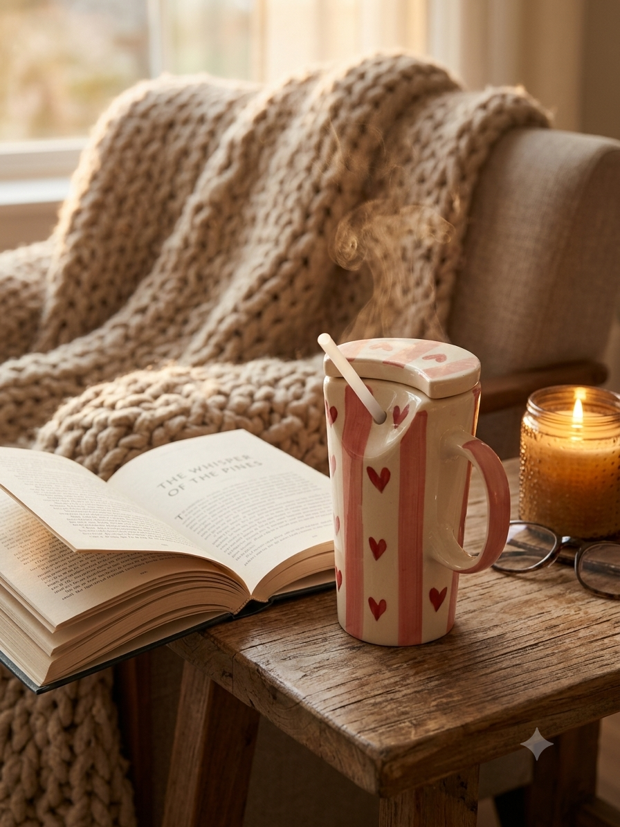 Handcrafted Ceramic Tumbler with Lid & Straw – Red Heart Pattern (300ml)