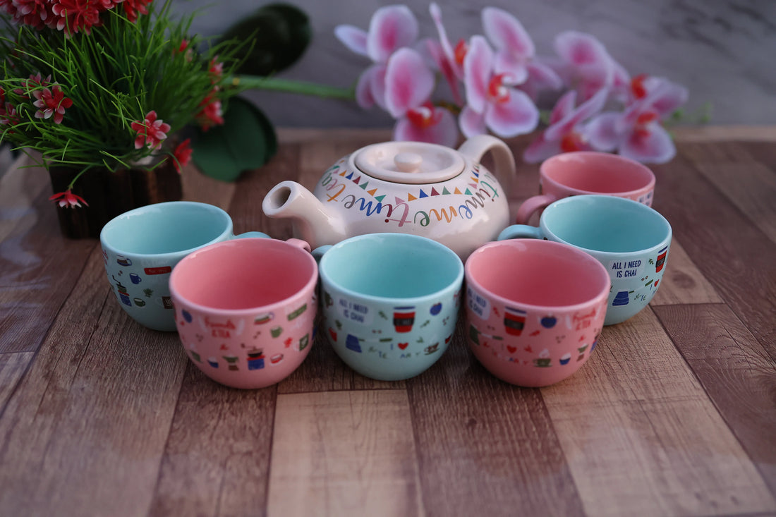 Ceramic Tea Set 6 Piece Teapot with 5 Cups Multicolour