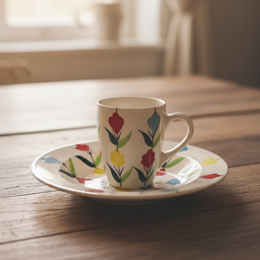 Floral Ceramic Mug & Pasta Plate Set | 250ml Coffee Mug + 350ml Pasta Plate