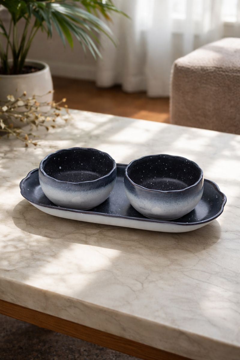 Ceramic Snack Bowl Set with Tray – 2 Bowls (350ml Each)
