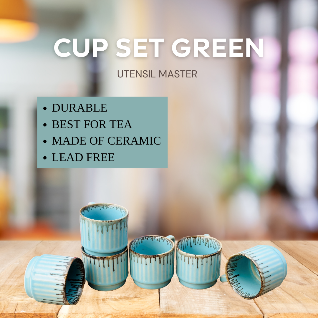 Green Ceramic Coffee Mug Set 6 Piece 150ml Tea Cups