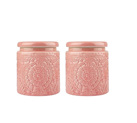 Handmade Floral Embossed Achaar Martban Ceramic Pickle Jar Set