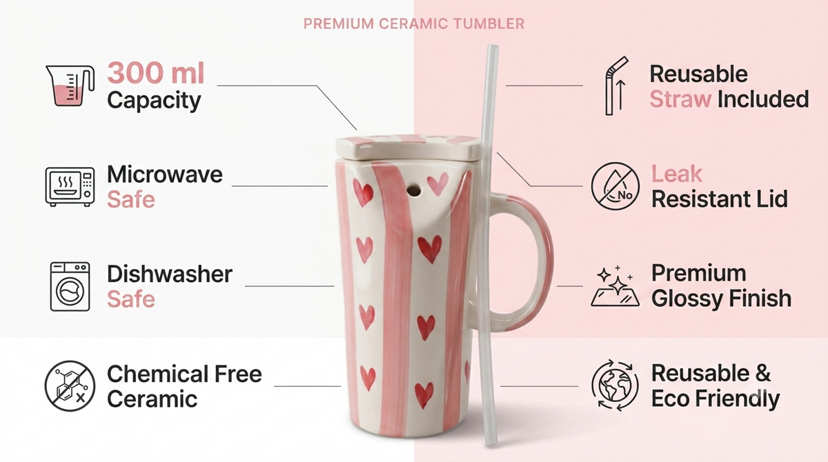 Handcrafted Ceramic Tumbler with Lid & Straw – Red Heart Pattern (300ml)