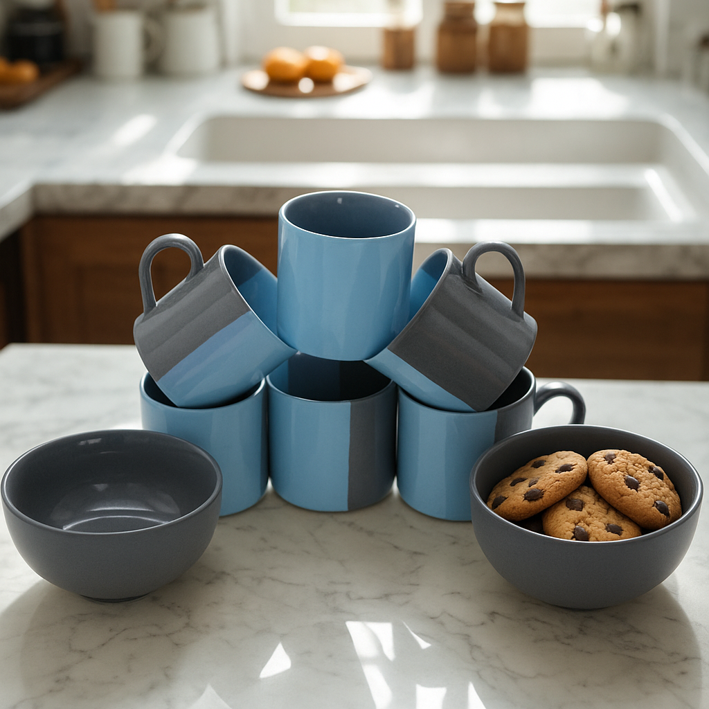 Premium Ceramic Mug & Bowl Set – 6 Coffee Cups & 2 Bowls | Modern Kitchen Serveware Set