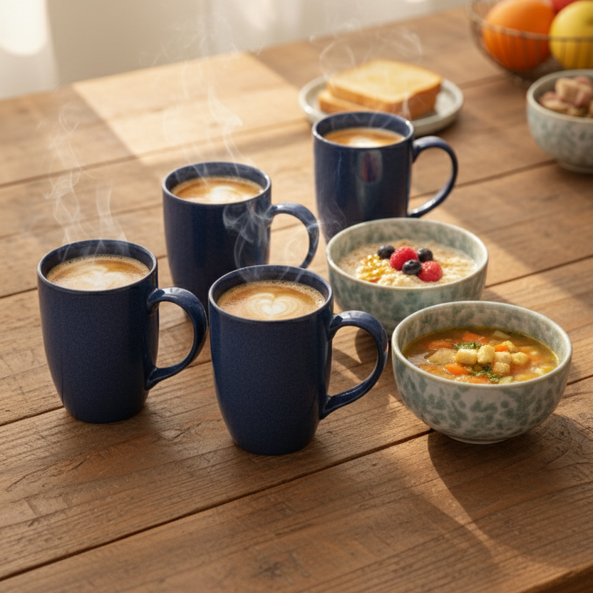 Premium Ceramic Mug & Bowl Set (250ml Cups + 450ml Bowls)