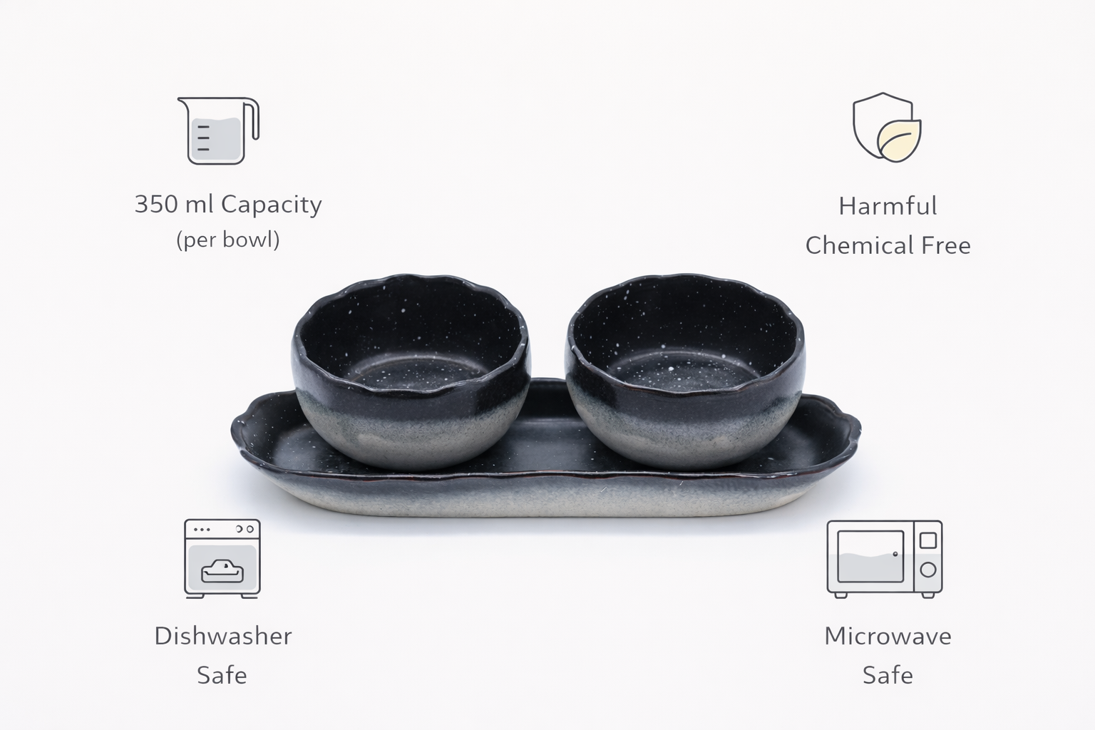 Ceramic Snack Bowl Set with Tray – 2 Bowls (350ml Each)