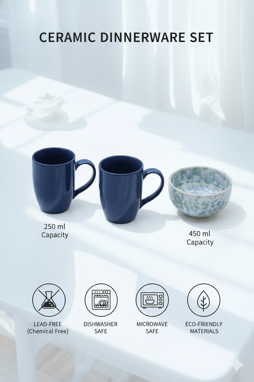Premium Ceramic Mug & Bowl Set (250ml Cups + 450ml Bowls)