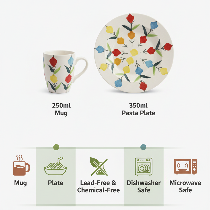Floral Ceramic Mug & Pasta Plate Set | 250ml Coffee Mug + 350ml Pasta Plate