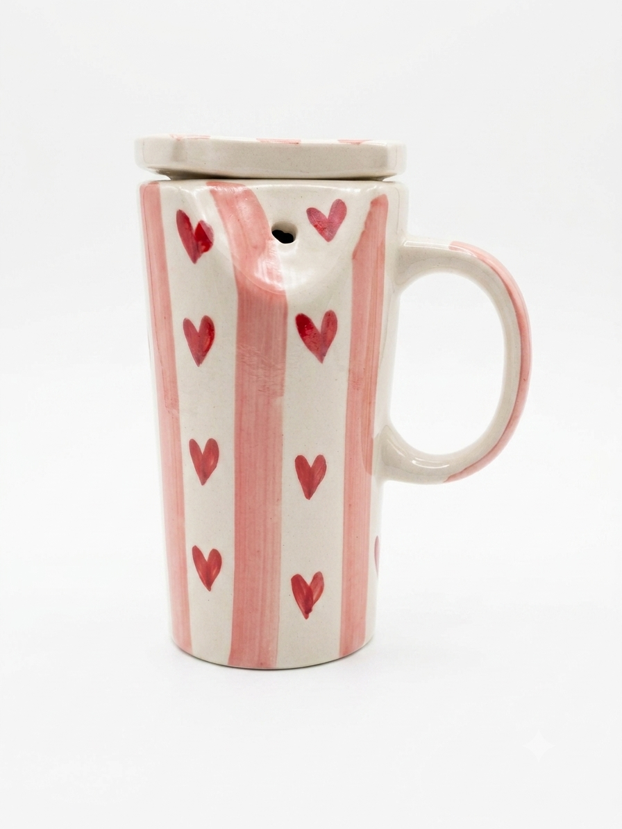 Handcrafted Ceramic Tumbler with Lid & Straw – Red Heart Pattern (300ml)