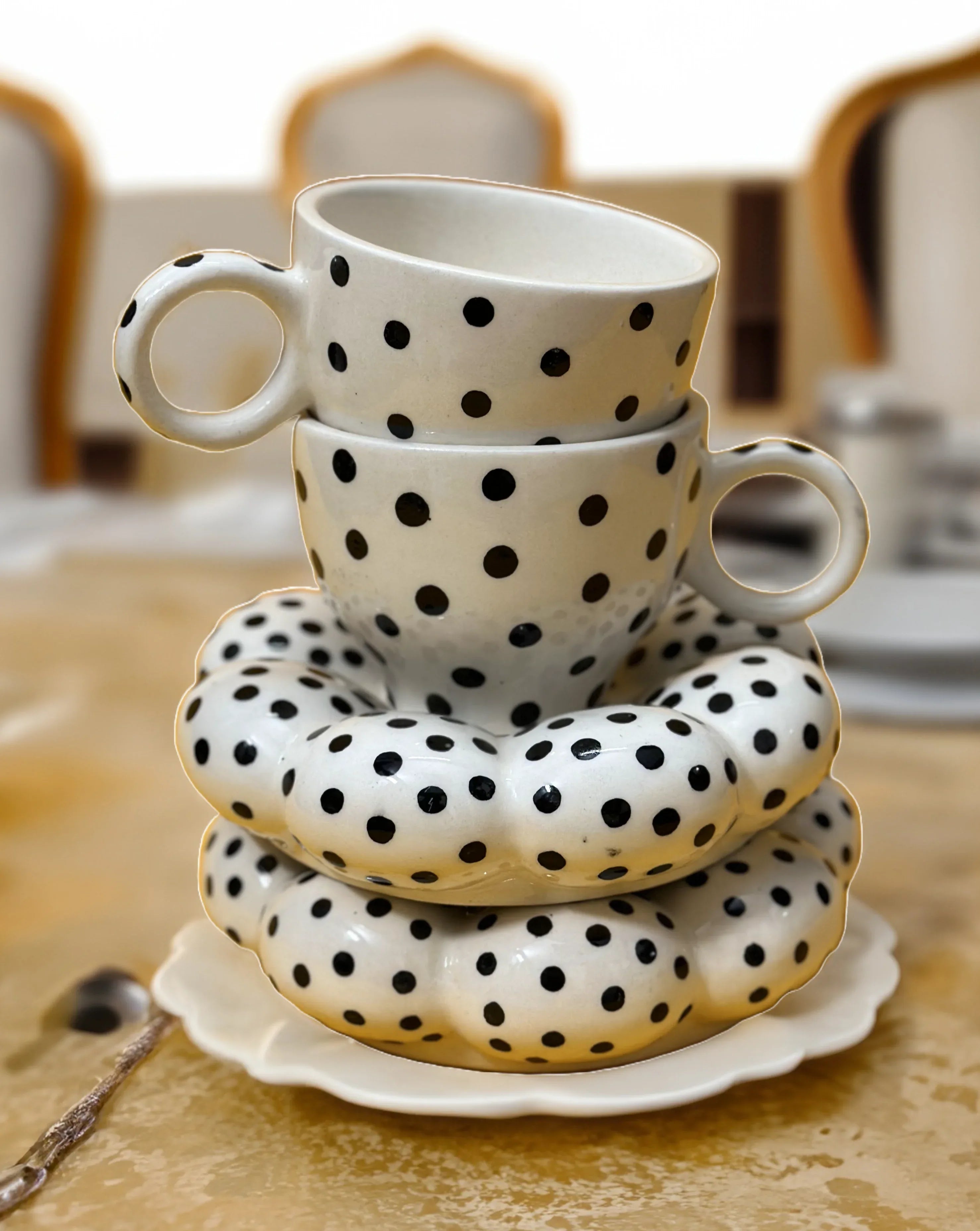 Polka Dot Ceramic Cup Set 2 Cups 150 ML with Saucer