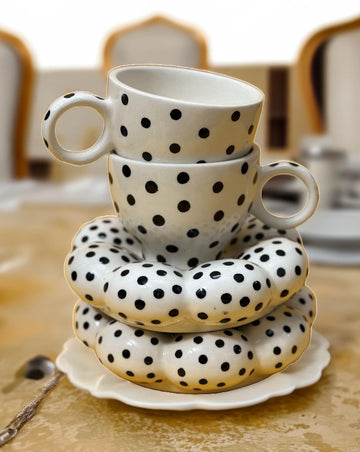 Polka Dot Ceramic Cup Set 2 Cups 150 ML with Saucer