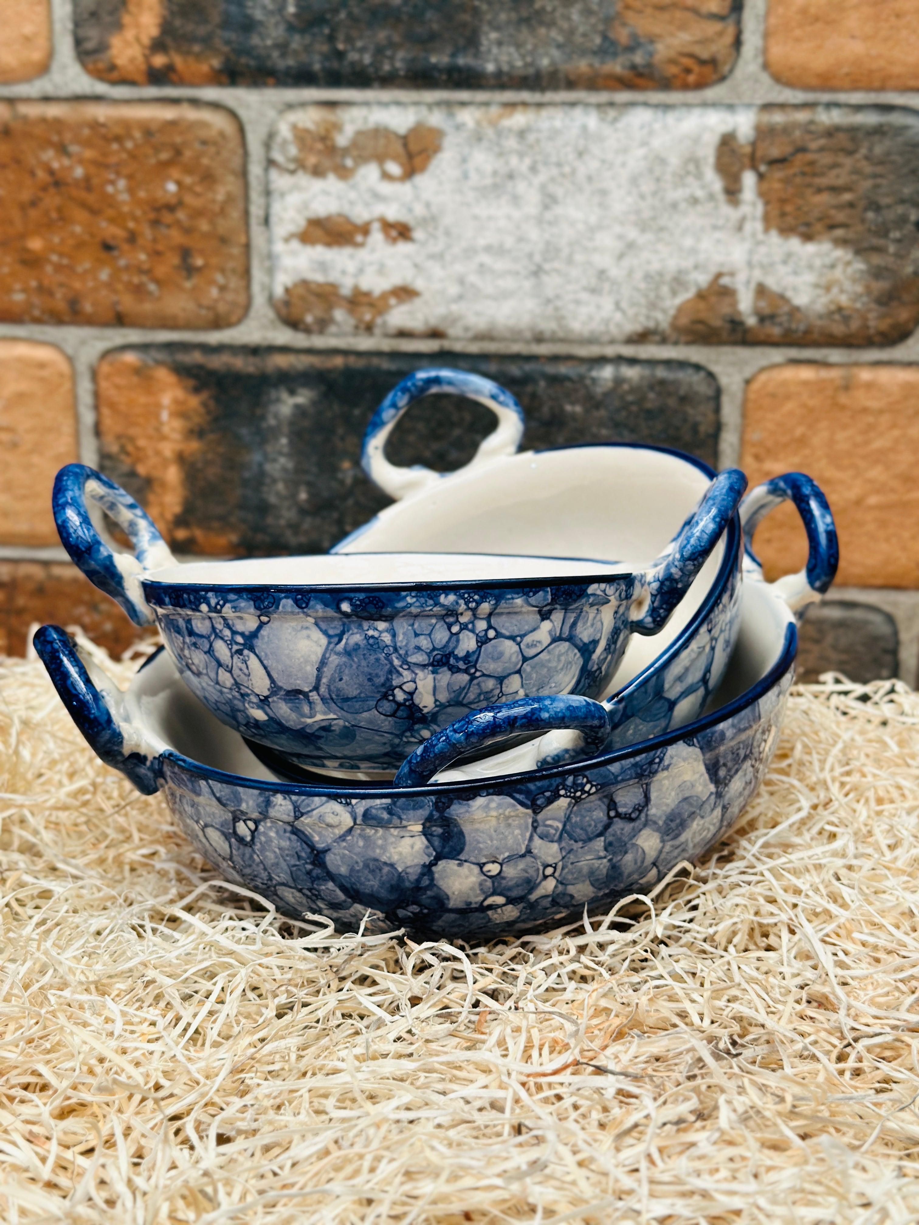 Ceramic Serving Kadai Set Blue Handle Bowls