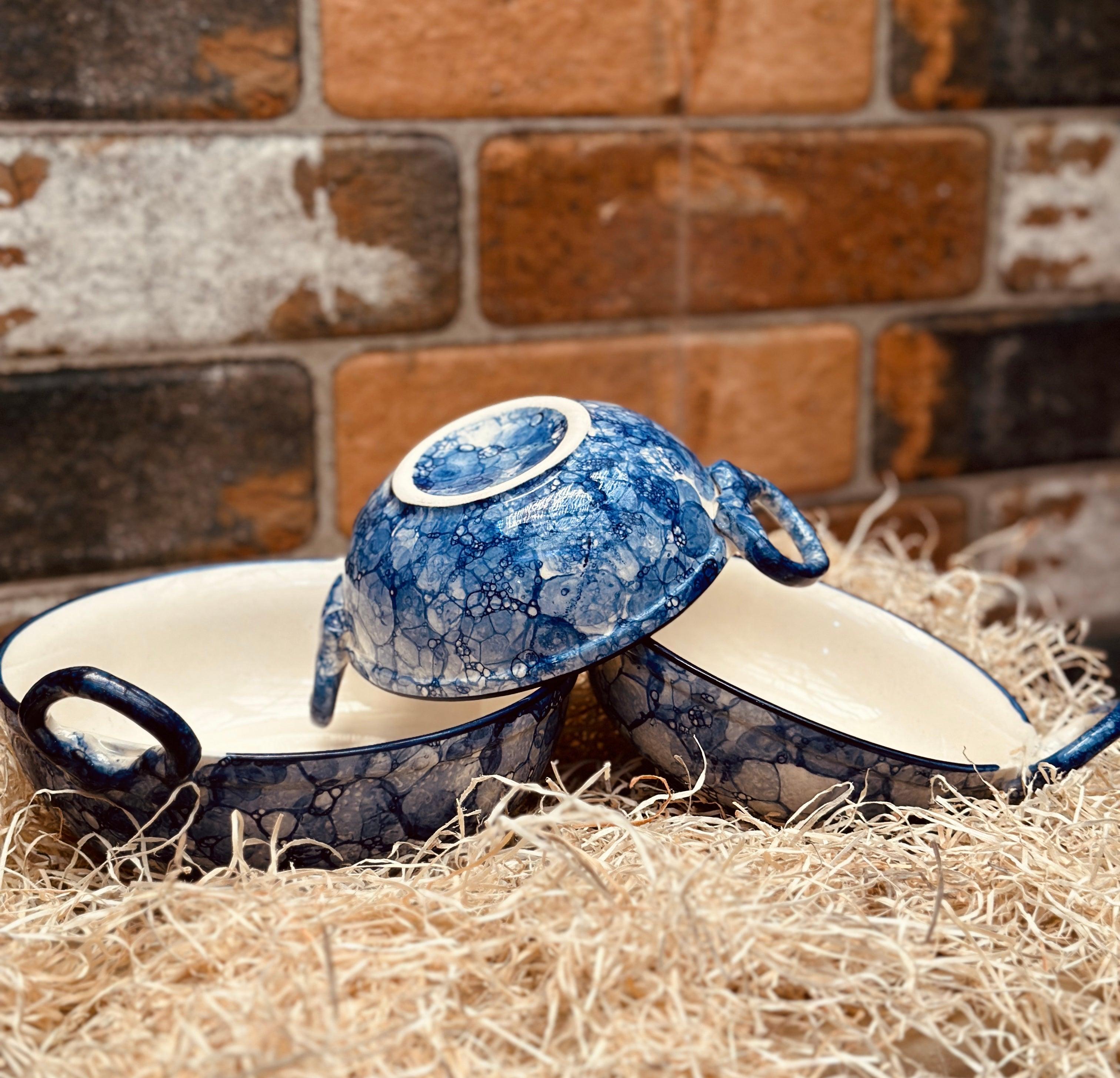 Ceramic Serving Kadai Set Blue Handle Bowls