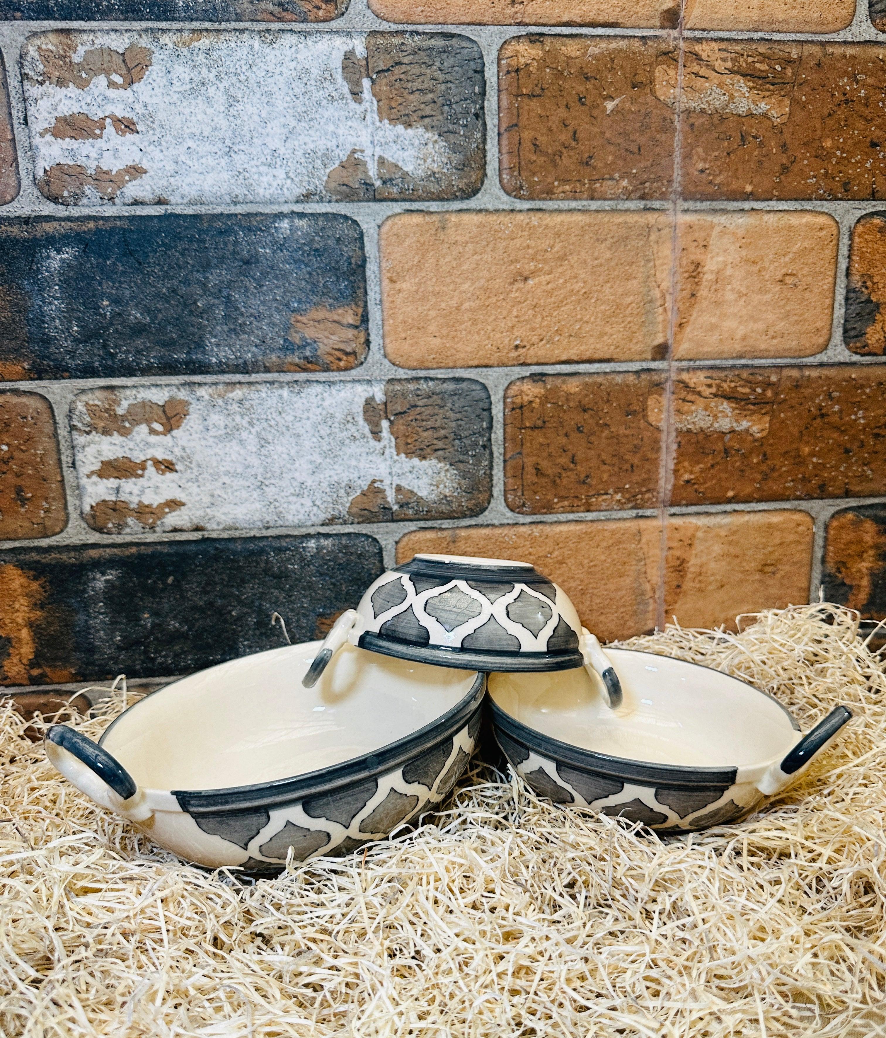 Ceramic Serving Kadai Set Blue Handle Bowls