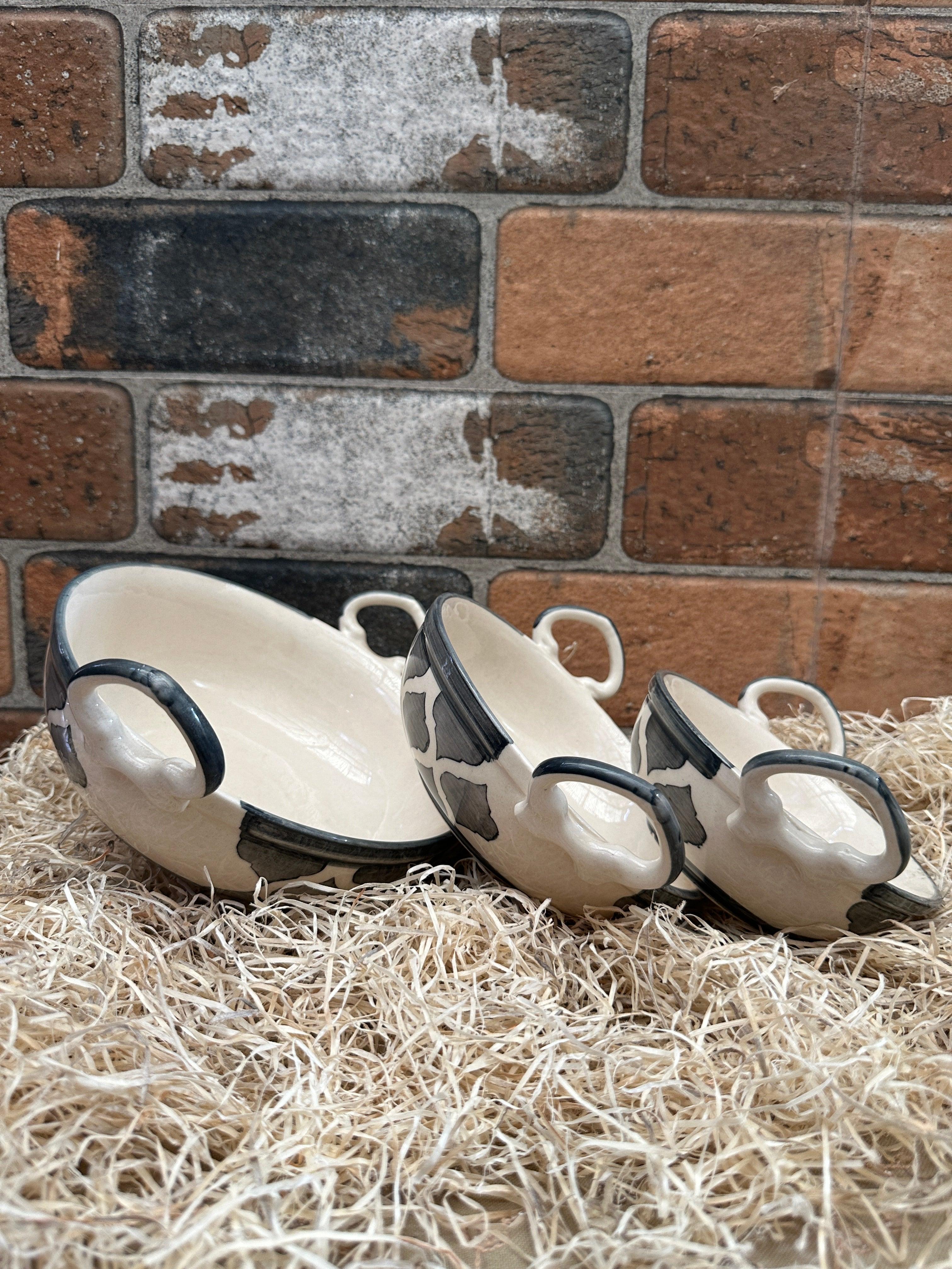 Ceramic Serving Kadai Set Blue Handle Bowls