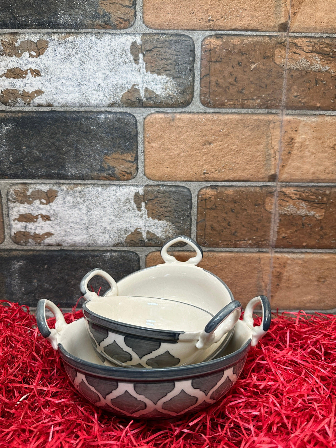 Ceramic Serving Kadai Set Blue Handle Bowls