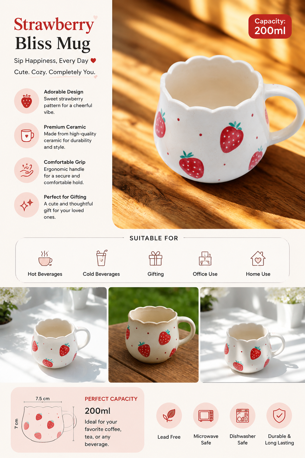 Strawberry Ceramic Coffee Mug 200ml Cute Scalloped Tea Cup