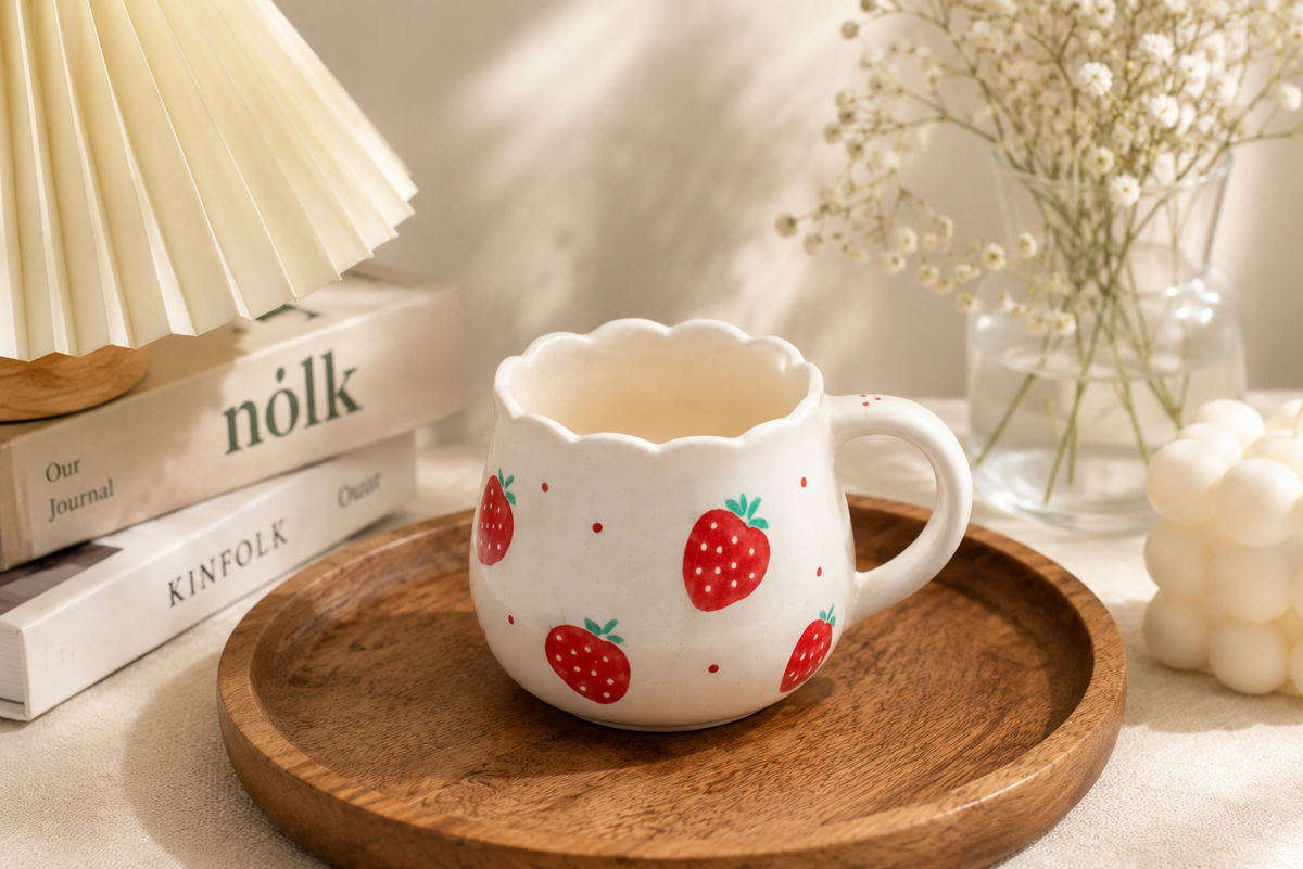 Strawberry Ceramic Coffee Mug 200ml Cute Scalloped Tea Cup