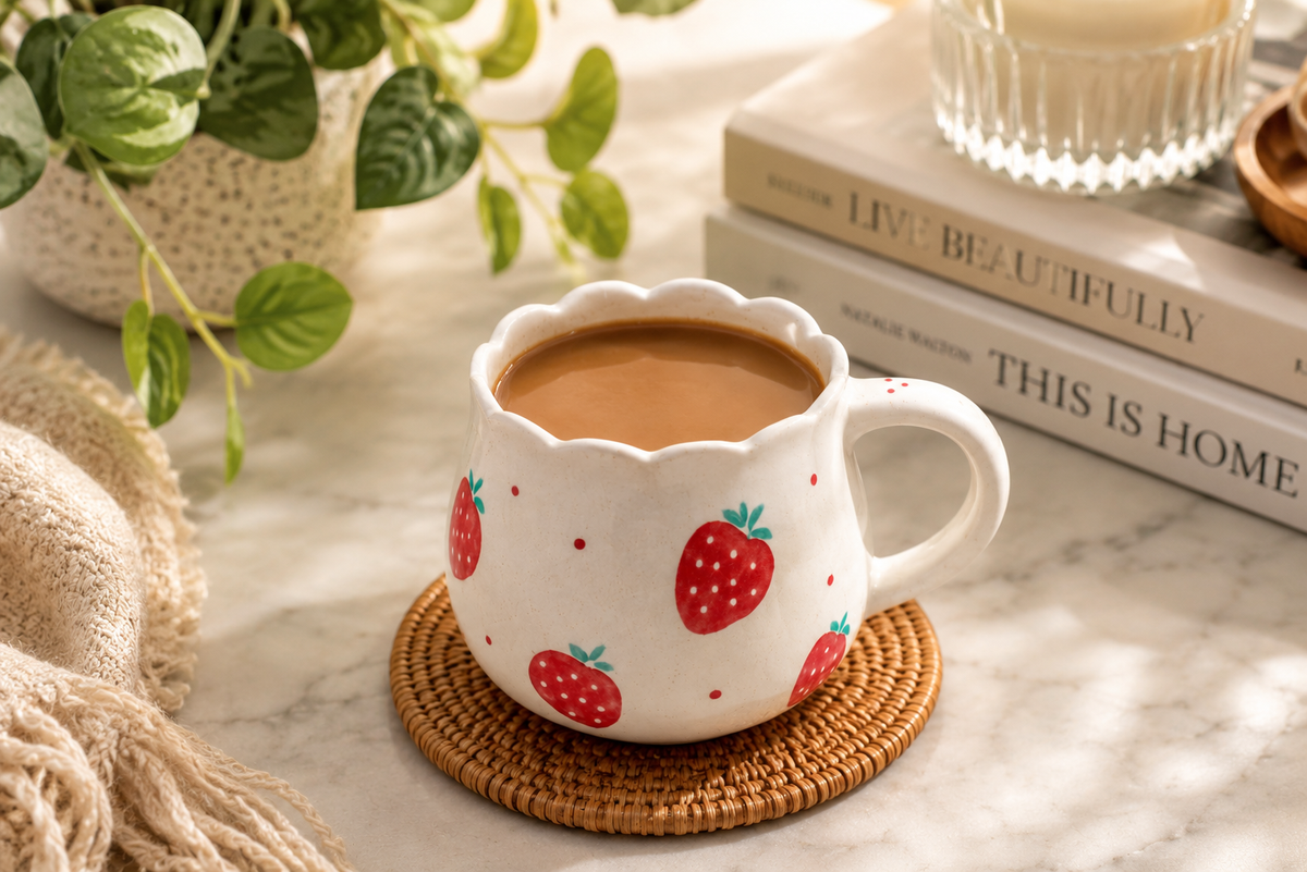 Strawberry Ceramic Coffee Mug 200ml Cute Scalloped Tea Cup