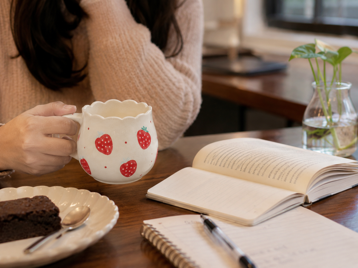 Strawberry Ceramic Coffee Mug 200ml Cute Scalloped Tea Cup