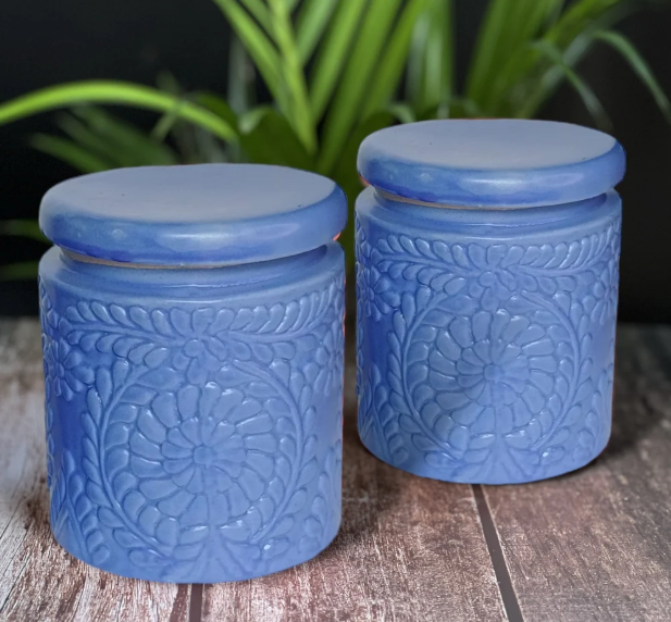 Handmade Floral Embossed Achaar Martban Ceramic Pickle Jar Set