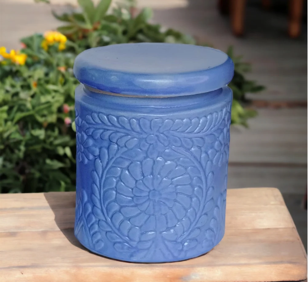 Handmade Floral Embossed Achaar Martban Ceramic Pickle Jar Set