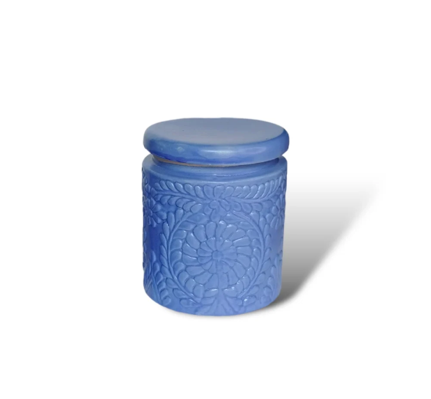 Handmade Floral Embossed Achaar Martban Ceramic Pickle Jar Set
