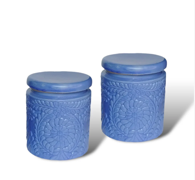 Handmade Floral Embossed Achaar Martban Ceramic Pickle Jar Set